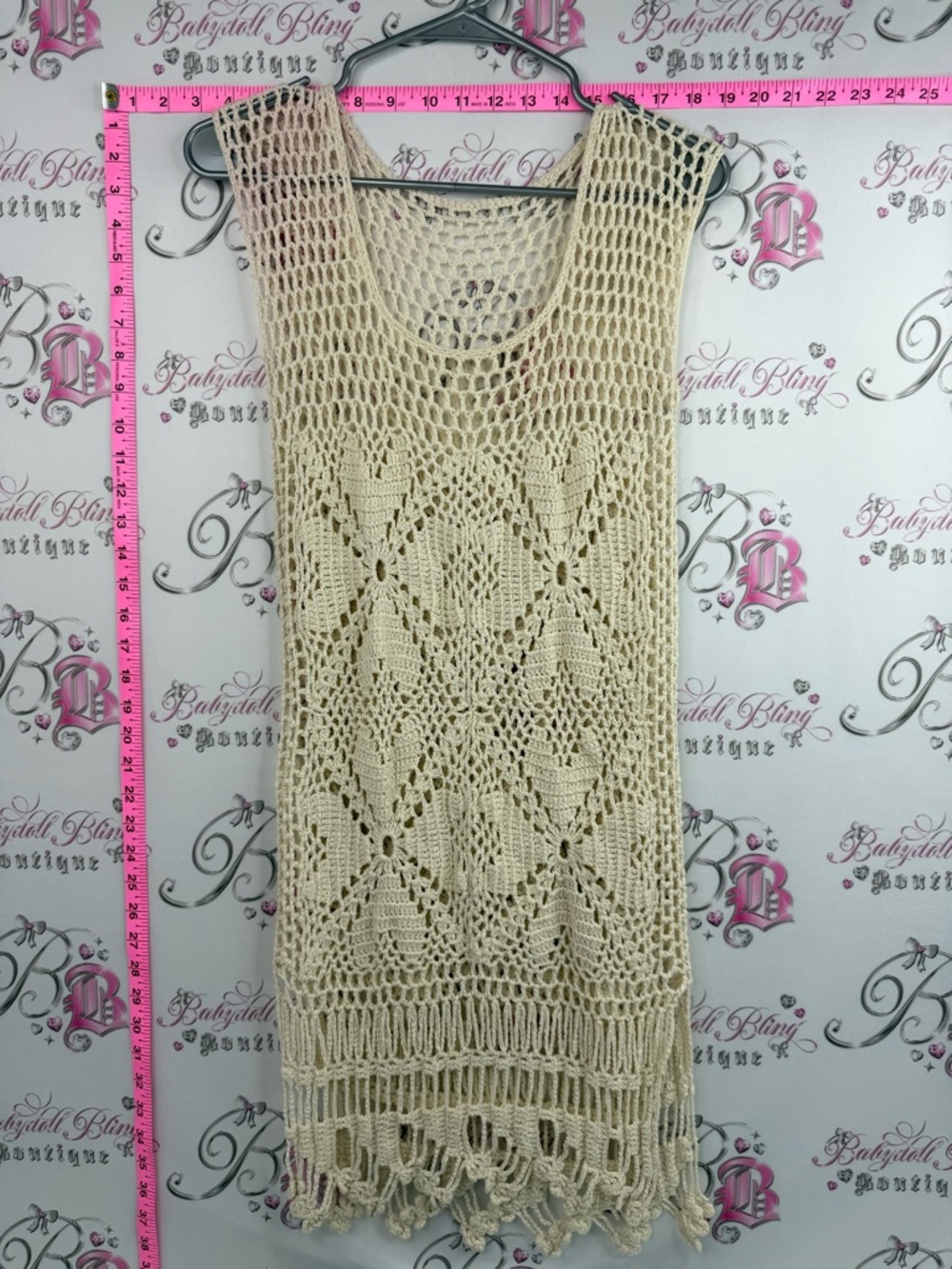 Crochet dress knitted tassles floral pattern Knit Sleeveless Tunic in Cream